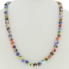 Add a touch of classic Venetian style to your outfit with this elegant Murano millefiori necklace. Centuries-old Murano glass technique perfected by Italian master craftsmen is used to create colorful mosaic effect that is fun and trendy, yet classic and timeless. This is a unique necklace that will add Venetian chic to your jewelry collection and will brighten up your look and your day. Measurements: Each necklace measures 24 inches in length and comes with an attractive velvet pouch and a cert Cheap Festival Glass Necklaces, Multicolor Murano Glass Round Necklace, Elegant Multicolor Czech Glass Necklaces, Multicolor Round Glass Necklace, Elegant Multicolor Glass Necklaces, Colorful Mosaic, Italian Leather Handbags, Italian Elegance, Murano Glass Jewelry