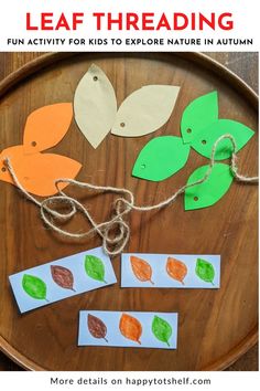 Leaf Threading Activity for Kids in Fall Activities About Plants For Preschoolers, Leaf Fine Motor Activities Preschool, Montessori Tree Activities, Montessori Pattern Activities, Pre K Leaf Craft, Leaf Collage Preschool, Leaf Playdough Mats, Leaf Stem Activities Preschool, Leaf Centers Preschool