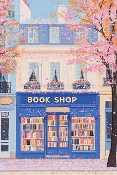 a painting of a book shop with trees in bloom