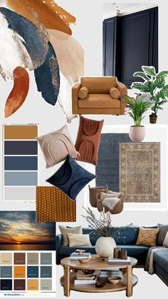 a living room filled with lots of furniture and decorating items in shades of blue, brown