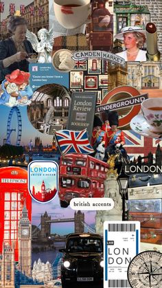 the collage has many different pictures and words on it, including british symbols such as london