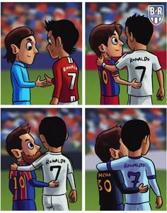 three cartoon pictures of soccer players giving each other a kiss on the forehead, and one has