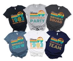 "Are you planning a 40th birthday party? Or maybe you're just celebrating your own special day! No matter what the occasion, we've got the perfect shirt for you! Our Vintage 1983 40th group shirts are perfect for any celebration!   How To Order  - Please make sure you have looked at all sizes and color charts. - Select from the various T-Shirt sizes and colors from scroll down menus. - Click \"Add to cart\" button. You can turn back and add more items of different size and color.  Sizing  ✺ Sizing is unisex  ✺ For adults, size runs like men's, though not overly large. Most women find their typical size works best, since they are meant to fit a touch loose and go up 1 or 2 sizes if you want the oversized look. ✺ Size guide and fit:  The size chart is listed in photos above.  Please use the 50th Birthday Group Shirts, 50th Birthday T Shirts Ideas For Group, 50th Birthday Shirts For Group, 50th Birthday Tshirt Ideas For Women, 40th Birthday Shirts For Group, 40 Birthday Party, 50th Bday, Little Sister Gifts, 40th Birthday Shirts