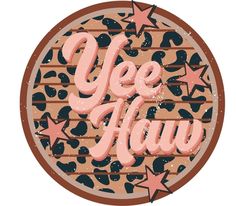 the words gee haw are in pink and black letters on a leopard print background