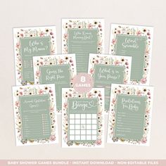 baby shower game printables with flowers and hearts on them, including 8 games