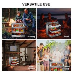 four different views of an outdoor grill with people around it and the words,'verstatie use '