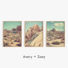 three pictures with the words avery + zooy on them in front of mountains and clouds