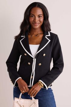 Chandler Blazer Classic Fall Blazer With Contrast Trim, Classic Blazer With Contrast Trim For Fall, Classic Tailored Blazer With Contrast Trim, Fall Blazer With Contrast Trim For Work, Classic Fitted Blazer With Contrast Trim, Elegant Blazer With Contrast Trim For Work, Elegant Workwear Blazer With Contrast Trim, Fitted Blazer With Contrast Trim For Office, Fitted Blazer With Contrast Trim For Work