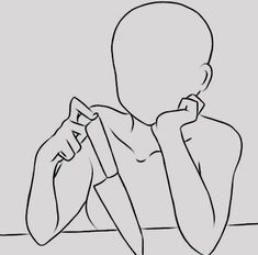 a black and white drawing of a person sitting at a table with his hand on his face