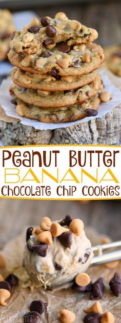 chocolate peanut butter banana cookies stacked on top of each other with the title above it