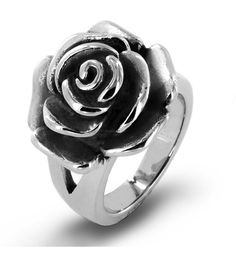 The stainless steel ring features an open blooming rose over a simple band. Antique detailing on the petals lends a touch of vintage charm to this fashionable cocktail ring. The size of the rose is 13/16 inches wide. | Stainless Steel Blooming Antiqued Rose Ring - Size 11 | 1-800-Flowers Everyday Gift Delivery Stainless Steel Blooming Antiqued Rose Ring - Size 6 Emo Rings, Black Rose Ring, Emo Jewelry, Coastal Jewelry, Silver Rose Ring, Flower Rings, Edgy Jewelry, Simple Band, Gift Delivery