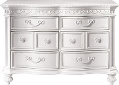 an ornate white dresser with drawers and knobs