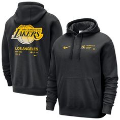 Showcase your Los Angeles Lakers pride in comfort and style with the Nike Courtside Club Pullover Hoodie. This midweight hoodie is ideal for moderate temperatures and features a cozy fleece lining to keep you warm.  A front pouch pocket provides a convenient spot to keep your hands warm or store small essentials. Lakers Courtside, Workout Hoodie, Los Angeles Lakers, Team Spirit, Cotton Style, Fleece Fabric, Black Nikes, Black Hoodie, Pocket Pouch