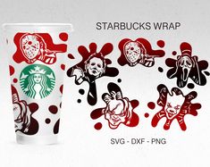 the starbucks cup is designed to look like it has been painted with different characters on it