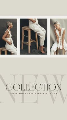 a woman sitting on top of a wooden chair in white clothing and heels, with the words new collection written below her