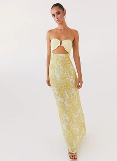 Dresses For Women | Dresses Online | Dressy Dresses | Peppermayo US Yellow Floral Maxi Dress, Maxi Design, Strapless Floral Dress, Dress Yellow, Cutout Dress, Types Of Dresses, Trending Dresses, Floral Maxi, Yellow Floral