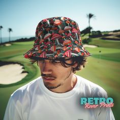 Introducing our Mushroom Fantasy Men's Summer Golf Bucket Hat--a whimsical accessory for your outdoor escapades. Crafted with a wide brim for superior sun protection and featuring an enchanting Mushroom Fantasy pattern, this hat is perfect for the golf course, boat trips, or any sunny adventure. Whether you're perfecting your swing or immersing yourself in the festival atmosphere, this hat seamlessly blends style with functionality. Elevate your ensemble with this versatile piece that effortless Retro Summer Vacation Sun Hat, Summer Golf Hat With Curved Brim, Summer Golf Hats With Curved Brim, Curved Brim Golf Hats For Summer, Retro Bucket Hat For Outdoors, Retro Sun Hat For Summer Festival, Outdoor Bucket Hat For Beach Season, Retro Visor Trucker Hat For Summer, Retro Adjustable Sun Hat For Outdoor