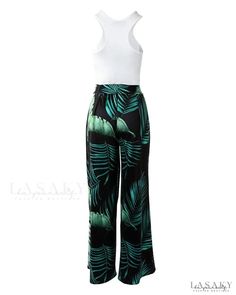 Lasaky - Tropical Print Cutout Crop Top and Slit Wide Leg Pants Set Cutout Crop Top, Tropical Print, Olivia Mark, Leg Pants, Wide Leg Pants, Pants Set, Wide Leg, Crop Top, Crop Tops