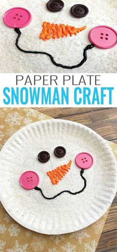 paper plate snowman craft for kids to make with buttons and yarn on the bottom