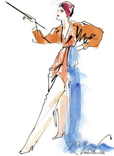 a watercolor and ink drawing of a man in an orange jacket holding a cane