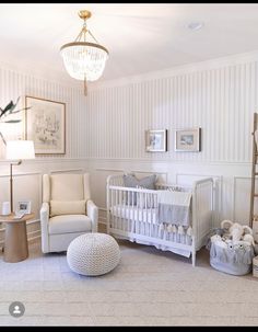 a baby's room is decorated in neutral colors