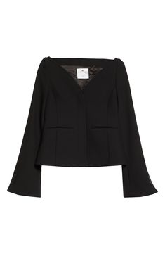 Tailored from the house Heritage Crepe, this sleek jacket brings dramatic flair with a curved portrait neckline and wide flared cuffs. 21" length (size 38 EU) Hidden-closure placket Portrait neck Four-button cuffs Front welt pockets Cupro lining 52% viscose, 26% polyamide, 18% wool, 4% elastane Dry clean Imported Designer Clothing Chic Long Sleeve Blazer For Evening, Elegant Fall Blazer With Structured Boning, Elegant Blazer With Structured Boning For Fall, Elegant Evening Blazer With Structured Shoulders, Luxury Long Sleeve Outerwear With Structured Shoulders, Luxury Outerwear With Structured Shoulders And Long Sleeves, Chic Black Blazer With Structured Shoulders, Sleek Long Sleeve Evening Blazer, Chic Tailored Formal Outerwear