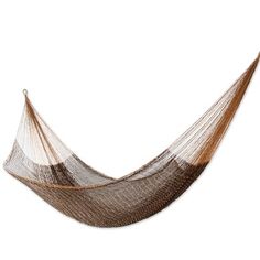 a white and brown hammock hanging on a wall in front of a white background