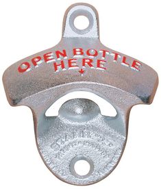 an open bottle opener with the words,'open bottle here'on it and red lettering