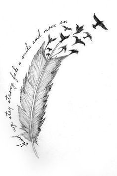 a drawing of a feather with birds flying around it and some words written on the side