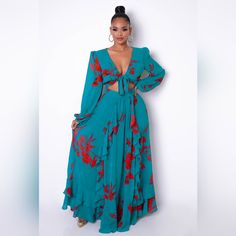 Beautiful Dress Perfect For Summer Outing Chic Turquoise Maxi Dress For Spring, Turquoise Flowy Long Sleeve Dress, Chic Flowy Turquoise Dresses, Turquoise Fitted Brunch Dress, Turquoise Long Sleeve Maxi Dress For Beach, Spring Turquoise Maxi Dress For Party, Turquoise Maxi Dress For Spring Party, Chic Long Sleeve Turquoise Dress, Chic Turquoise Long Sleeve Dress