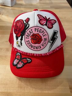 Treat People With Kindness Red Trucker Hat Old Skool Trucker Hat Bar Red Trucker Hat For Festival, Trendy Red Festival Hat, Hat With Patches, Red Trucker Hat, Hat Chain, Diy Hats, White Trucker Hat, Hat Bar, Custom Trucker Hats