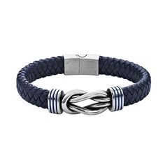 This stainless steel and navy blue braided leather LYNX bracelet features an eye-catching stainless steel knot, the perfect way to add an effortlessly cool finishing touch to your look. This stainless steel and navy blue braided leather LYNX bracelet features an eye-catching stainless steel knot, the perfect way to add an effortlessly cool finishing touch to your look. Additional details: navy blue braided leather Metal: stainless steel Length: 8.5 in. Packaging: boxed Finish: polished Size: 8.5 Modern Leather Braided Bracelets, Casual Stainless Steel Bracelet With Clasp, Casual Stainless Steel Bracelets, Casual Stainless Steel Bracelet, Modern Leather Bracelet With Stainless Steel Clasp, Modern Leather Braided Bracelet With Stainless Steel Clasp, Modern Braided Leather Bracelet With Stainless Steel Clasp, Modern Silver Braided Bracelets With Leather Strap, Modern Braided Leather Bracelets