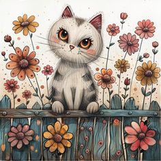 a cat sitting on top of a wooden fence surrounded by flowers and daintys