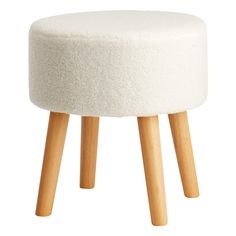 a small stool with wooden legs and a white cover on the top, sitting in front of a white background