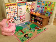 a child's playroom with posters and toys