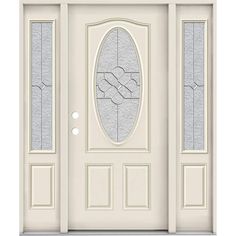 a white front door with two sidelights and glass panels on the top half of it