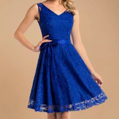 Lace Party Dress With Zipper V-Neck Satin Ribbon For The Waist 29 Inches Armpit To Armpit 16 Inches Waist Spring Blue V-neck Party Dress, Blue Lace V-neck Dress, Blue V-neck Lace Dress, Blue Cocktail V-neck Dress, Royal Blue Bridesmaid Dress For Spring, Blue V-neck Mini Dress For Bridesmaids, Blue V-neck Dress For Wedding Guest, Black Sleeveless Midi Dress, Lace Party Dress