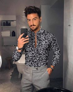 Male Blouse, Man Closet, Slim Fit Mens Shirts, Hawaiian Designs, Printed Shirts Men, Smart Casual Style, Off White Shoes, Mens Suit Jacket, Collared Sweatshirt