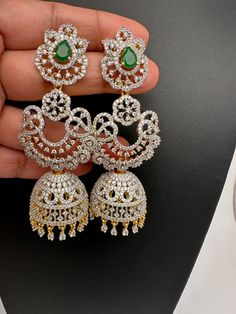 American Diamond Finish Color Stone Jhumka EaringsColor : Diamond Finish JhumkasSize : Approx 3.5 Inches; Weight : Approx 23 Grams EachStones : CZ --Color-- Stone Antique Necklace Victorian, Real Pearl Necklace, Jhumki Earrings, Ethnic Necklaces, Traditional Earrings, Kundan Necklaces, Oxidised Jewellery, Real Pearls, Pearl Strands