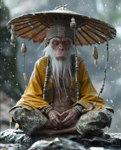 an old man sitting on top of a rock in the rain