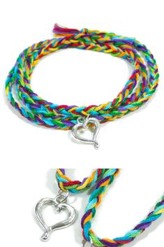 This nine-color rainbow bracelet has a silver-tone heart charm attached! It's a perfect bracelet for showing love to your friend or yourself. Multicolor Friendship Bracelets For Birthday And Valentine's Day, Multicolor Friendship Bracelets With Heart Charm As Gift, Casual Heart Charm Bracelet For Friendship, Casual Heart-shaped Beaded Friendship Bracelets, Casual Heart-shaped Friendship Bracelets, Multicolor Friendship Bracelets For Valentine's Day, Multicolor Heart-shaped Friendship Bracelets As Gift, Heart-shaped Multicolor Friendship Bracelets For Gift, Friendship Braided Bracelet With Heart Charm