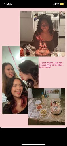 two women sitting at a table in front of a cake with candles on it and the words happy birthday written below