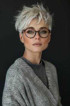 18. Corto e Spiky - Acconciature corte per donne over 50 con occhiali Short Gray Hair With Glasses, Edgy Glasses For Women, Short Hairstyle Women Funky, Short Pixie Gray Hair, White Hair Pixie Cut, Short Hairstyle Women Over 50 Over 50 With Glasses, Bobs With Glasses, How To Style A Short Pixie, Short Gray Hairstyles Over 60