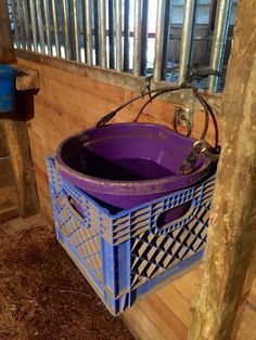 a purple bucket sitting on top of a wooden floor