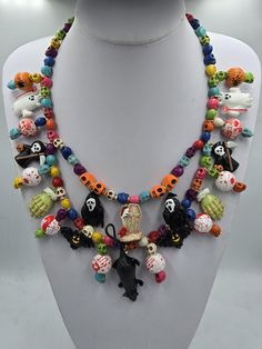 A Completely Over-the-top Halloween necklace! Dare to wear!! Novelty Halloween Party Necklaces, Unique Black Halloween Necklace, Handmade Spooky Necklace For Halloween, Handmade Spooky Halloween Necklaces, Themed Handmade Multicolor Necklace, Handmade Bohemian Halloween Necklace, Fun Multicolor Halloween Jewelry, Unique Handmade Halloween Necklaces, Handmade Jewelry For Halloween Costume Party