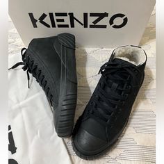 New With Box And Dust Bag , Never Worn Black Leather, Logo Accents And Fur Lining, Lace-Up Closure, Good Padded Insole Rubber Sole Made In Vietnam Leather Logo, Wearing Black, Womens Shoes Sneakers, High Top Sneakers, Rubber Sole, Vietnam, Shoes Sneakers