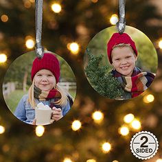 two christmas ornament hanging from a tree with lights in the background and text overlay that reads 2 sided