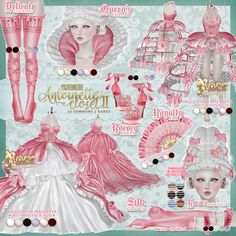 a digital collage of pink and white dresses, hats, and accessories for dolls