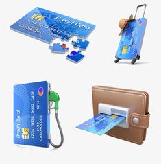 four different types of credit cards, one with a gas pump and the other with a wallet