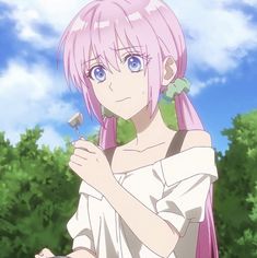 a girl with pink hair and blue eyes is holding a flower in her right hand